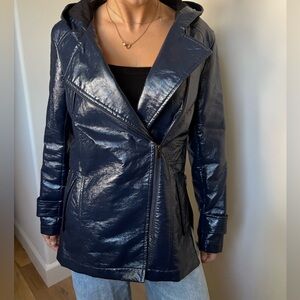 Comptoir Des Cotonniers Vasilic Hooded Shiny Faux Leather Asymmetric Zip Jacket